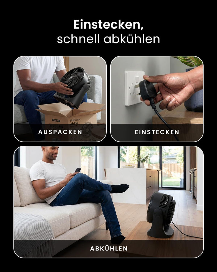 Pro Breeze AirFlo Mini Tischventilator – Leiser Turbo Ventilator mit 3 Stufen, 90° Neigung und kraft