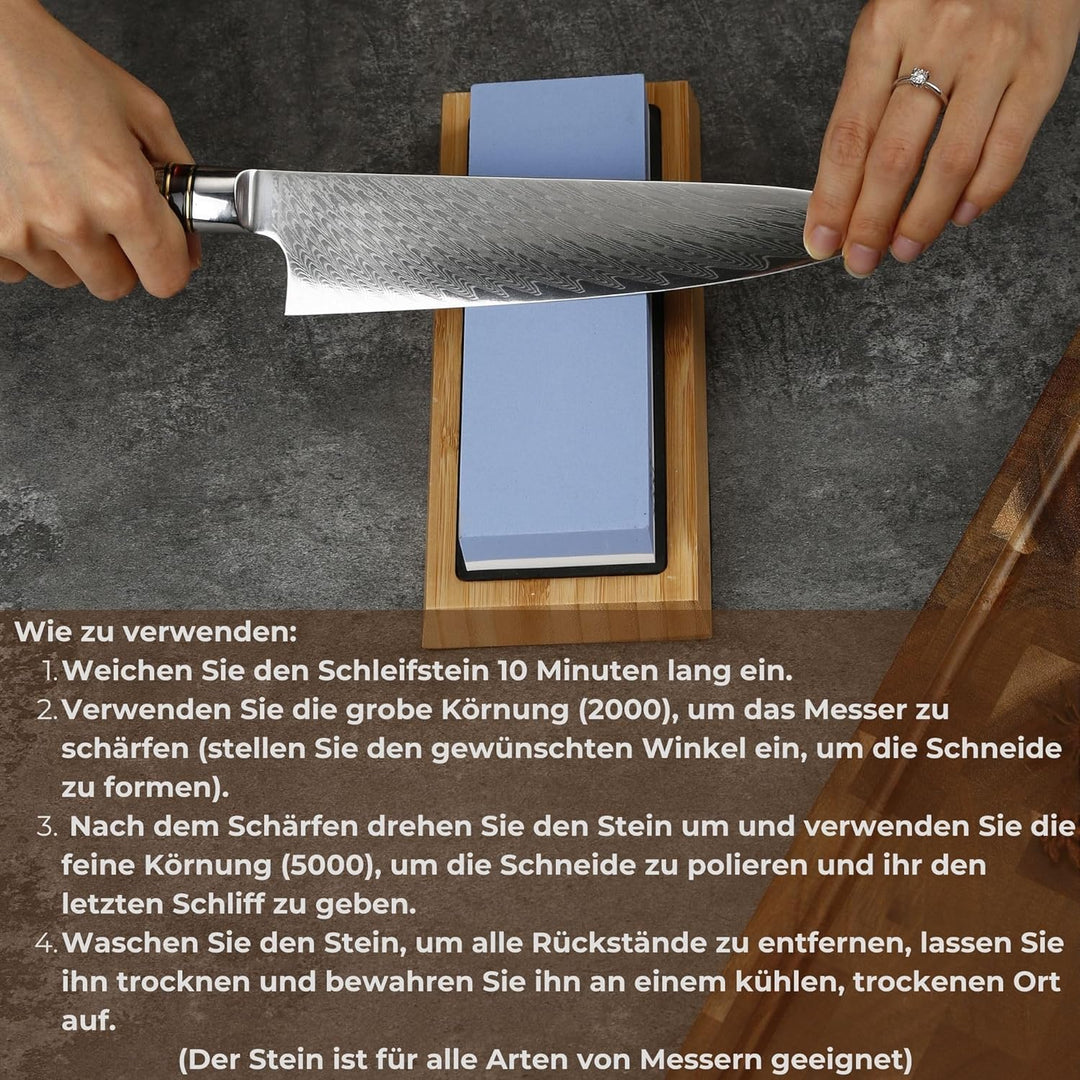 Damastmesser set mit wetzstein für messer. Japanisches messer set und professioneller schleifstein m