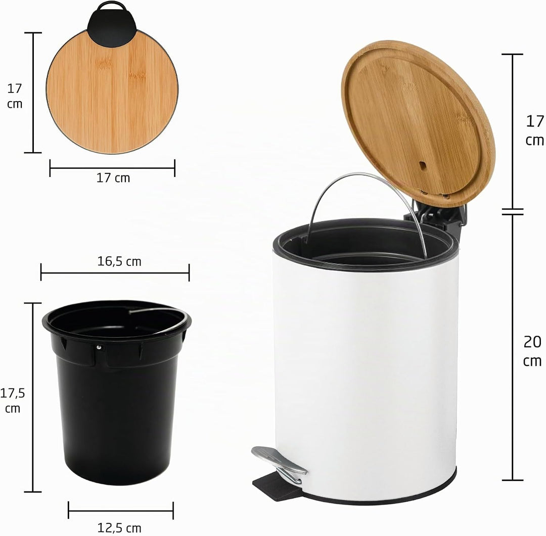 Amig - Kosmetikeimer mit Pedal 3L Naturline - Weiss und Bambus - Hygienische Öffnung - Ø16,8 x 23 cm