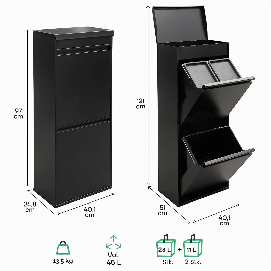 ARREGUI Top CR426-B Mülltrennsystem aus Stahl mit Aufbewahrungsbox mit Deckel | 3 Fächer Mülleimer f
