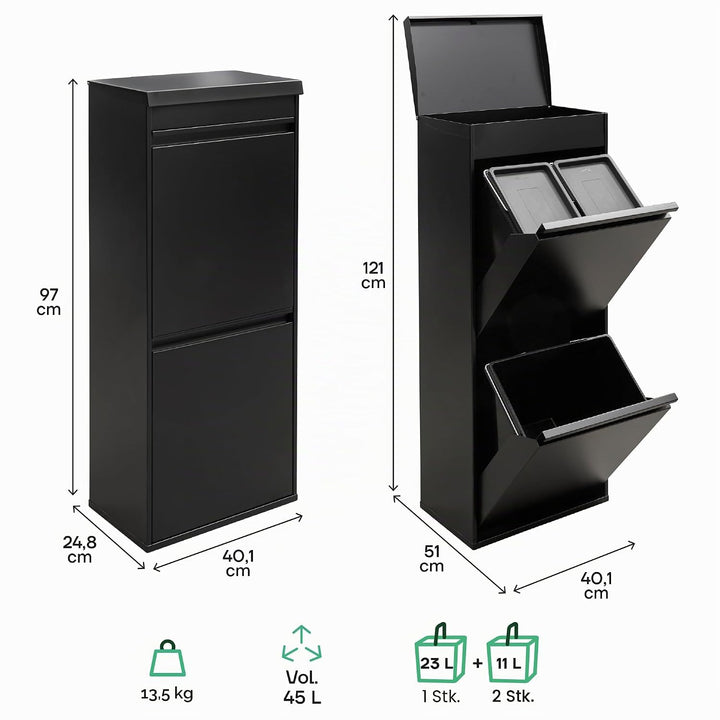 ARREGUI Top CR426-B Mülltrennsystem aus Stahl mit Aufbewahrungsbox mit Deckel | 3 Fächer Mülleimer f