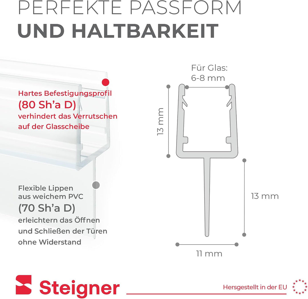 STEIGNER Duschdichtung, 140cm, Glasstärke 6/7/ 8 mm, Gerade PVC Ersatzdichtung für Dusche, UK10 Gera
