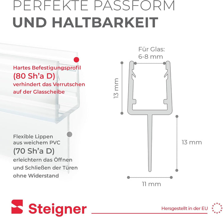 STEIGNER Duschdichtung, 140cm, Glasstärke 6/7/ 8 mm, Gerade PVC Ersatzdichtung für Dusche, UK10 Gera