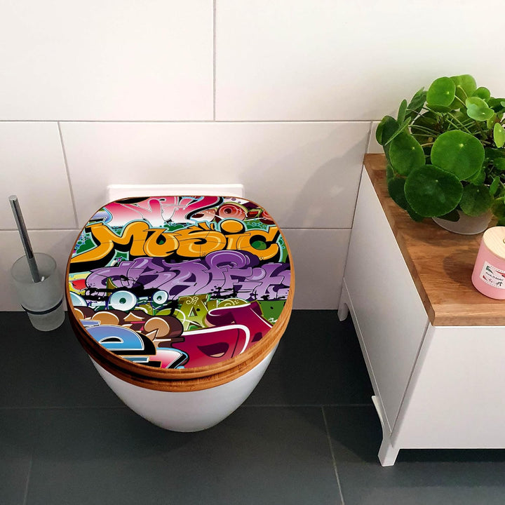 banjado® Design WC Sitz Bambus Absenkautomatik mit Motiv Graffiti/Toilettendeckel mit Absenkautomati