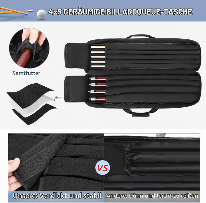 4x5 Pool Queue Koffer, Billard Stick Tragetasche für 4 Kolben und 6 Schäfte, weiche Pool Stick Tasch