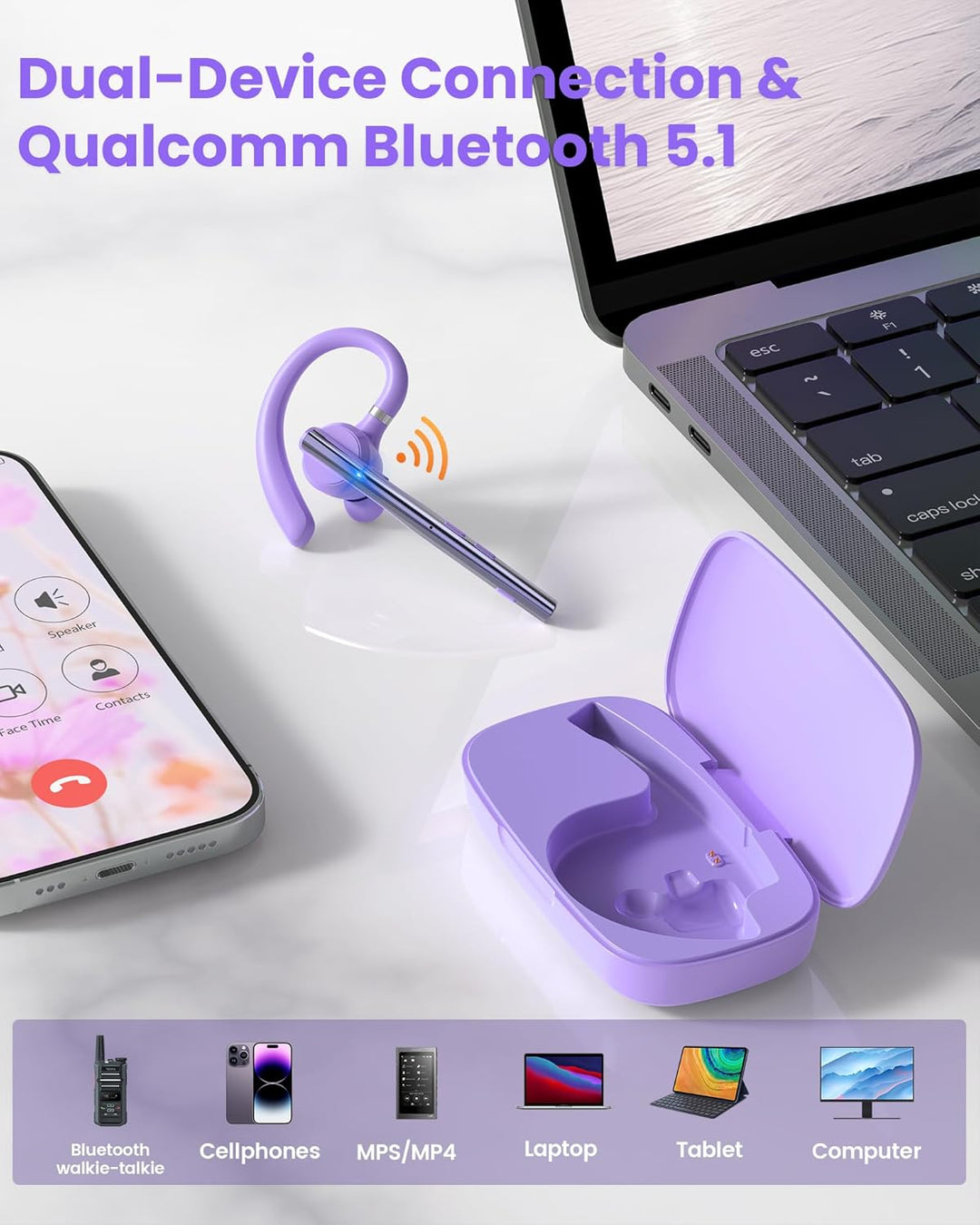 New Bee Bluetooth Headset mit 72h Spielzeit Bluetooth V5.1 Freisprech Headset Handy mit LED Ladecase