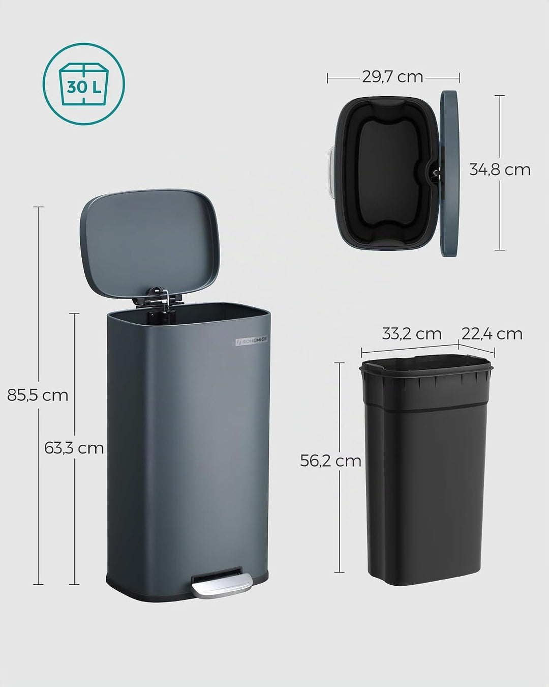 SONGMICS Mülleimer für die Küche, 30 L Abfalleimer mit Pedal, Treteimer mit Inneneimer aus Kunststof