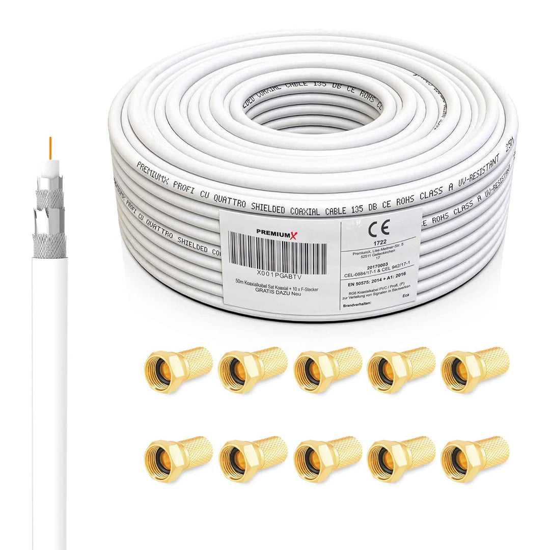 50m 135dB Sat Koaxialkabel Koax Kabel Reines Kupfer Digital PremiumX Profi FullHD UltraHD 4K 4-Fach