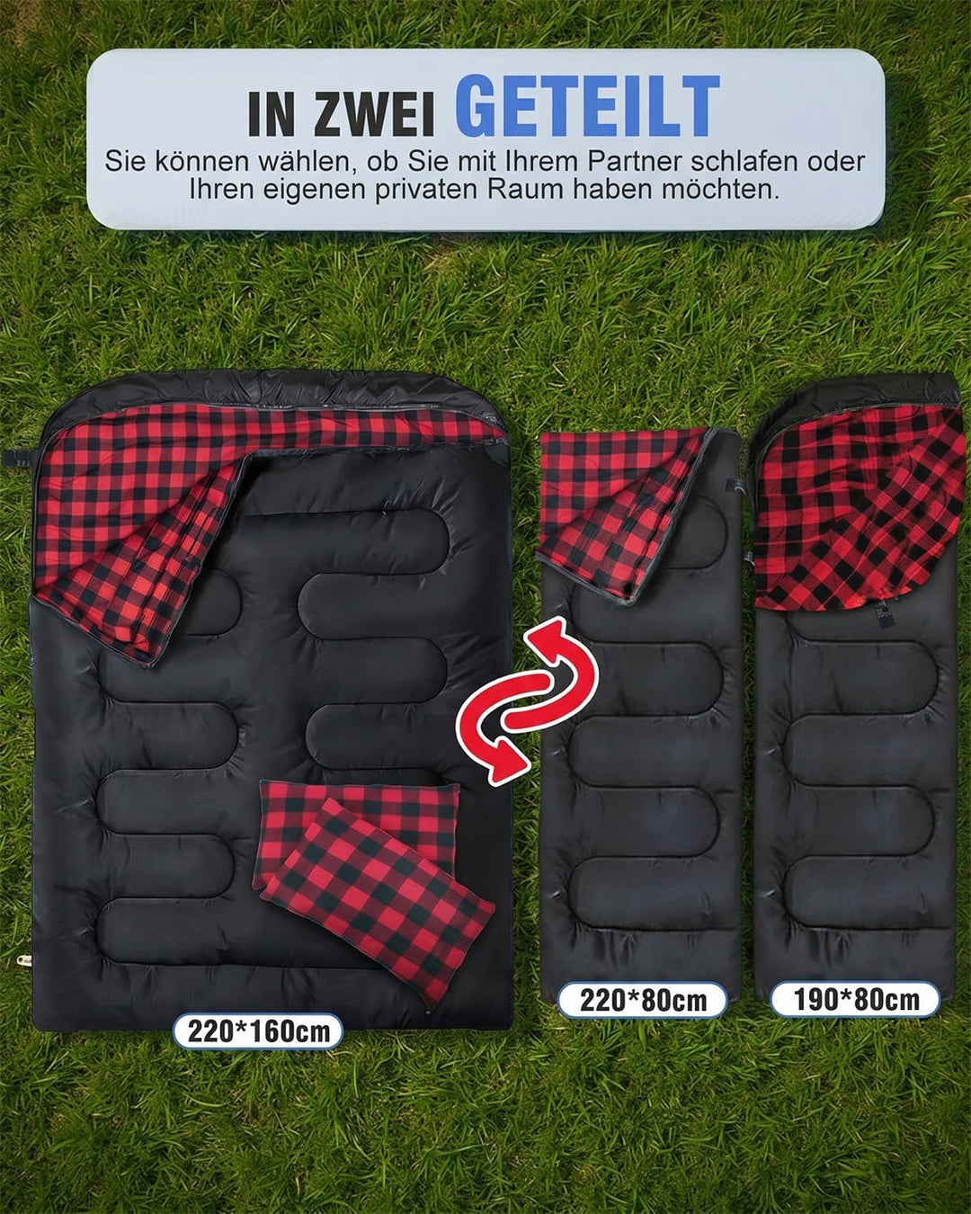 Doppelschlafsack Flanell, 2 Personen Schlafsack Outdoor 220 x 160 cm, Verbesserter Doppel Zippern, m