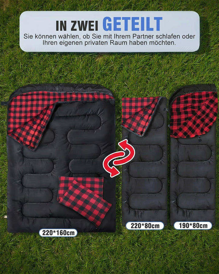 Doppelschlafsack Flanell, 2 Personen Schlafsack Outdoor 220 x 160 cm, Verbesserter Doppel Zippern, m