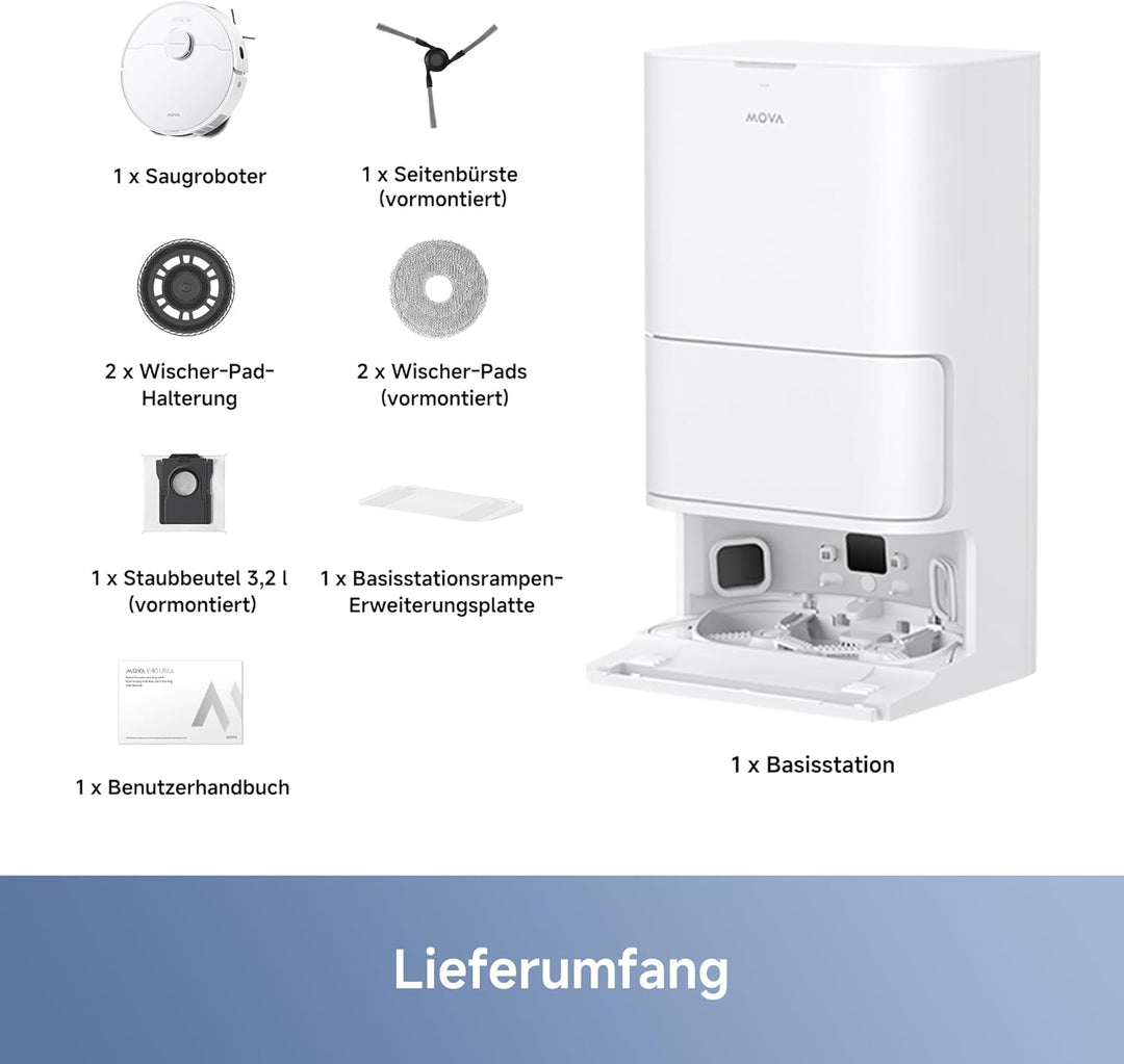 Mova E40 Ultra Saugroboter mit Wischfunktion, Autom. Leerung und 19.000 Pa, MaxiReach-Wischmopp-T.,