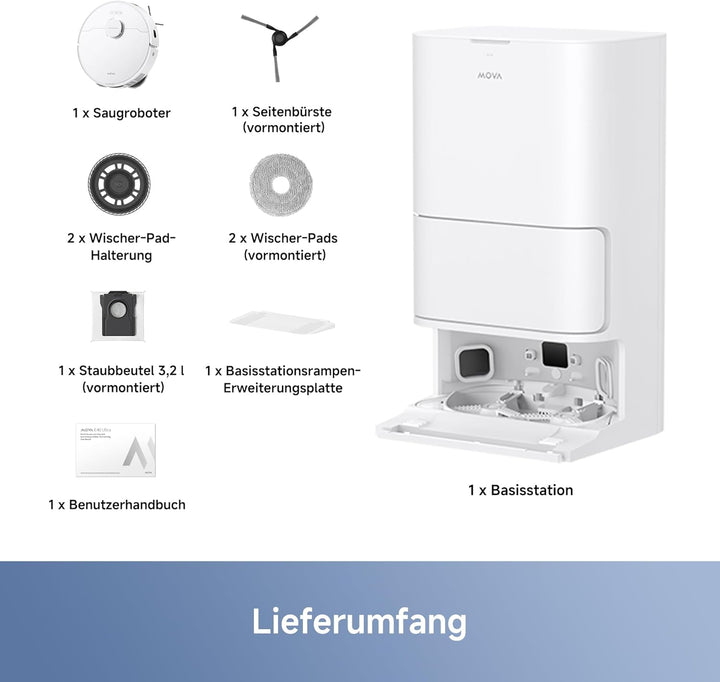 Mova E40 Ultra Saugroboter mit Wischfunktion, Autom. Leerung und 19.000 Pa, MaxiReach-Wischmopp-T.,