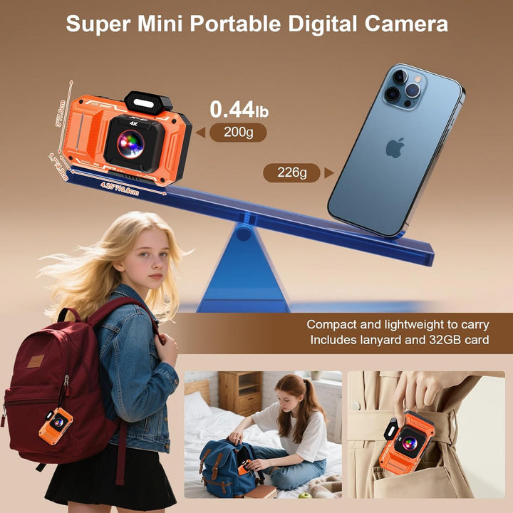 4K Digitalkamera, HD 48MP 18X Zoom Anti-Shake-Autofokus Kinderkamera mit 32G Karte, Point-and-Shoot-