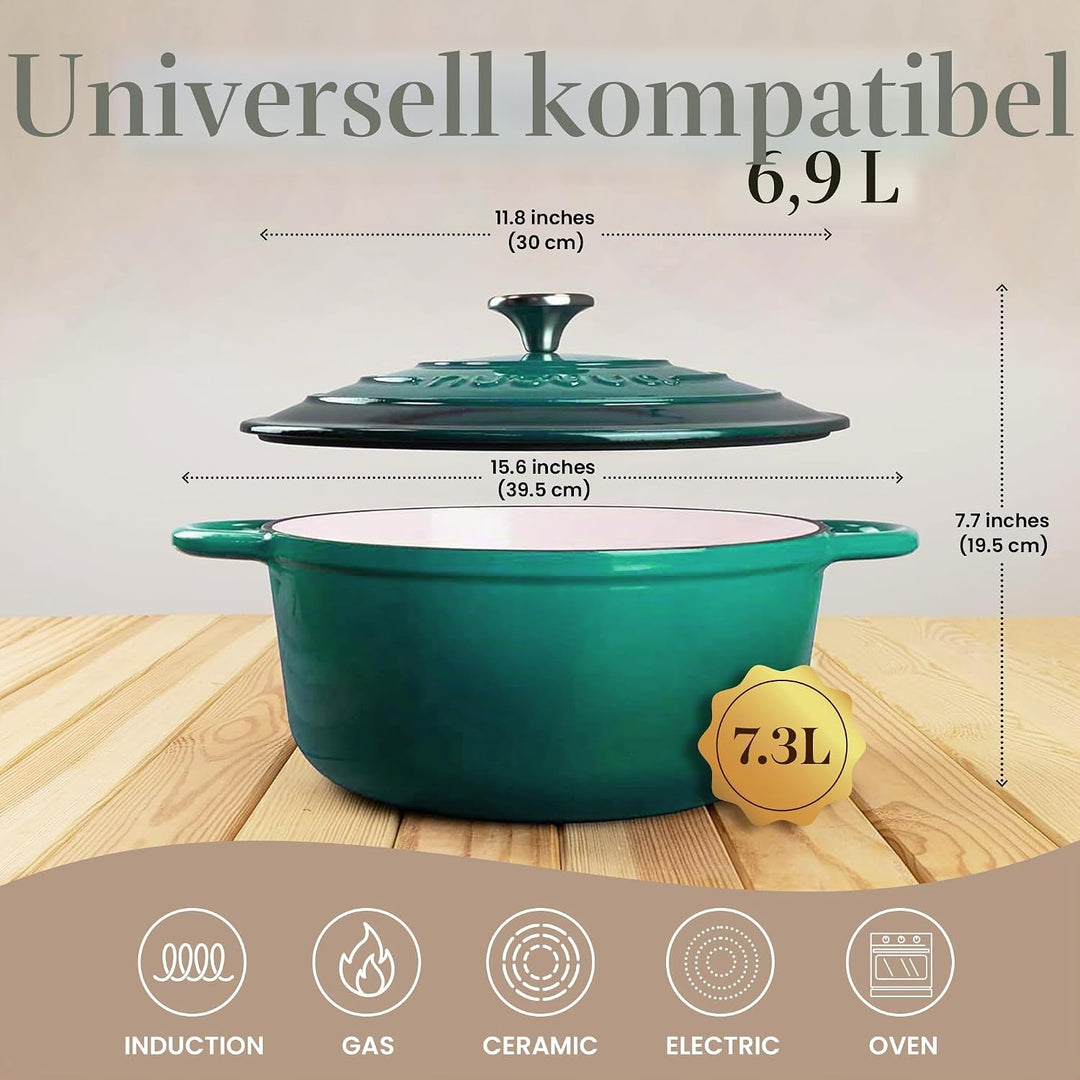 Gusseisen-Schmortopf mit Deckel – Emaille-Topf mit Antihaft, Ofenfest – Dunkelgrün, 6.9 Liter, 30 cm