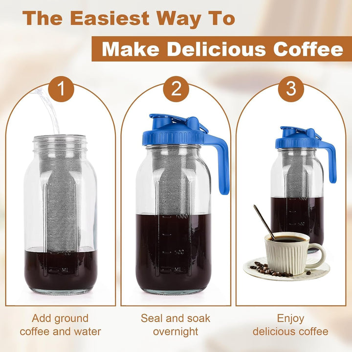 Cold Brew Kaffeebereiter, 1.8L Cold Brew Coffee Maker, Deckel mit Griff und Edelstahlfilter, Kaffeeb