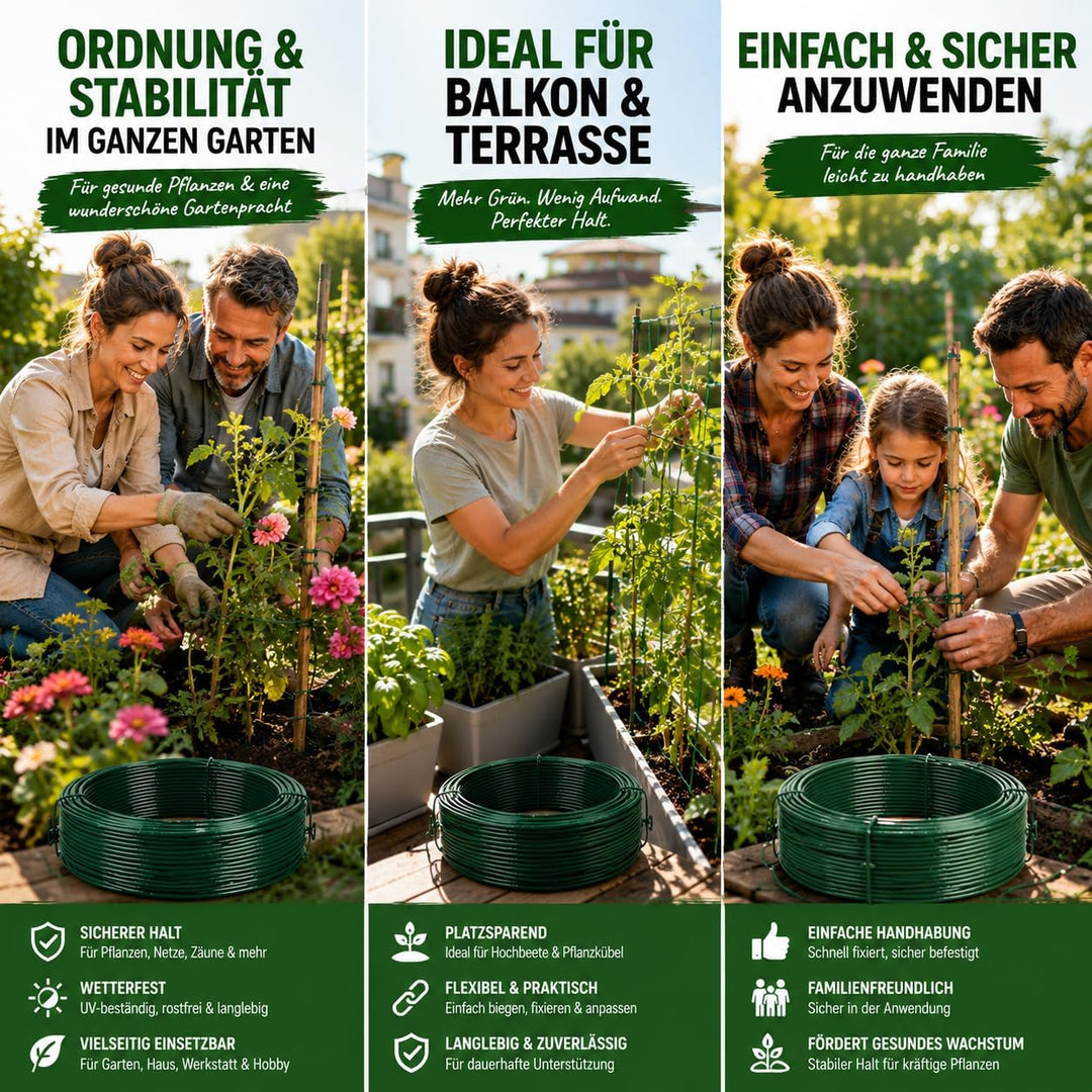 Gartendraht grün PVC ummantelt | Bindedraht für Pflanzen, Kabel, Netze, Basteln, Gartenbau – 1,4mm–2