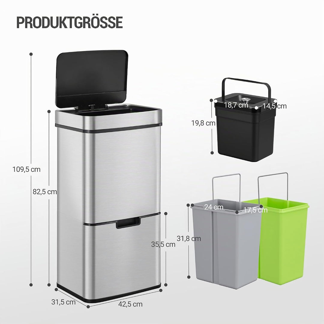 Hzuaneri Sensor Küchen Mülleimer 72 L, Automatischer Abfalleimer mit 3+1 Fächer, Mülltrennsystem, Mü