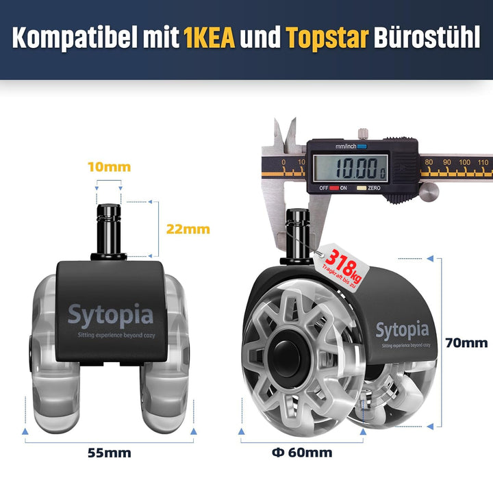 Sytopia Bürostuhl Rollen 10 x 22mm, Rollen Für Bürostühle 70mm, Gummi Bürostuhlrollen, 5er-Set, Für