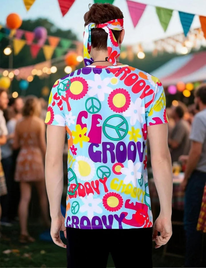 COSAVOROCK Herren 60er 70er Jahre Groovy Hippie Kostüm T-Shirts mit Stirnbänder 3XL Peace, 3XL Peace