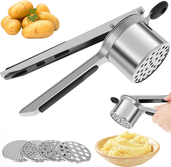 Kartoffelpresse aus Edelstahl mit 4 austauschbaren Scheiben, Multifunktional für Fein, Mittel, Grob
