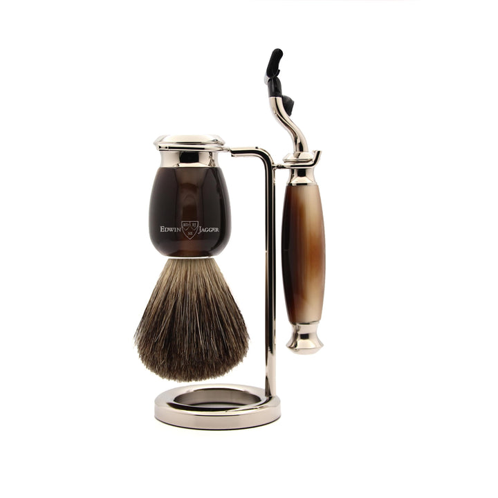 Edwin Jagger S81M582AMZ Nachahmung Licht Horn &amp; Nickel Rasierset mit Pure Badger Rasierpinsel und Ma