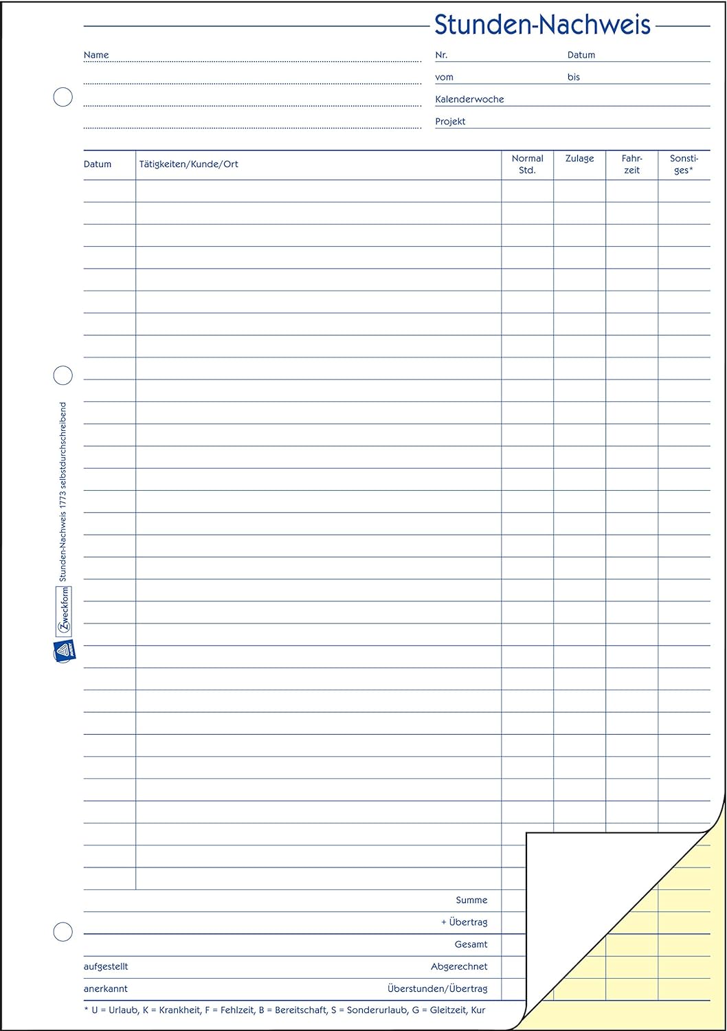 AVERY Zweckform 1773-5 Stunden-Nachweis (A4, selbstdurchschreibend, 2x40 Blatt) 5er Pack weiss/gelb