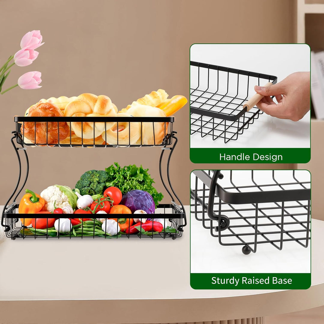 VINATO Obstkorb, Obst Etagere 2 Stöckig mit Holzgriffen für Küche, Bad & Mehr – Obstständer, Gemüse