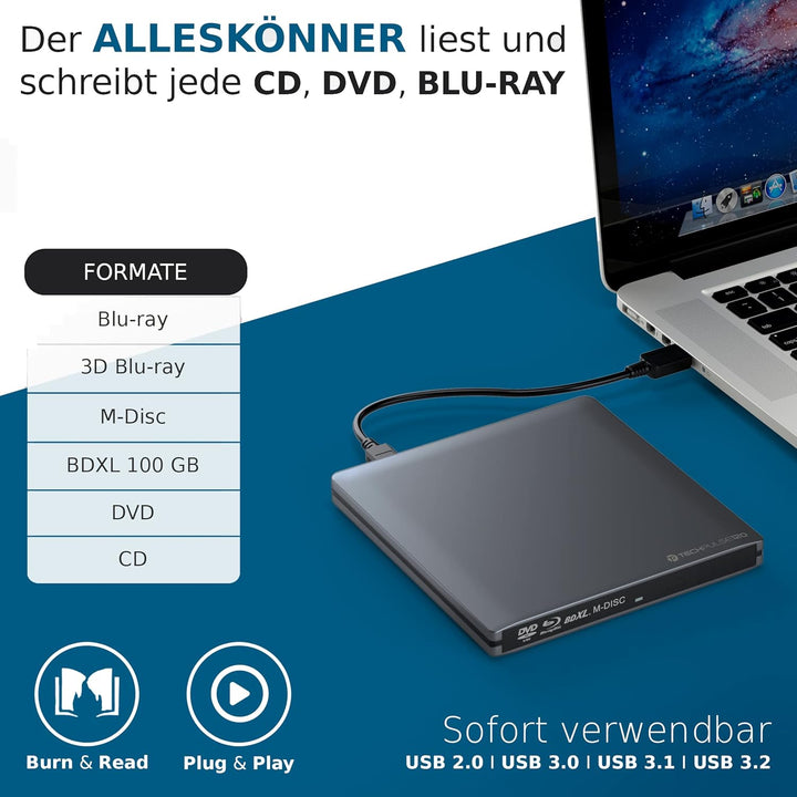 techPulse120 USB 3.0 Typ-C externer Blu-ray Brenner 3D M-Disc BDXL 100GB Burner Superdrive Blueray L
