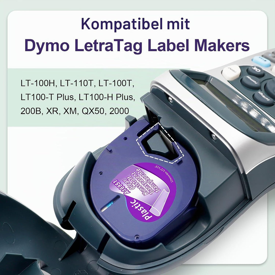 Aken Schriftband Kompatibel mit Dymo LetraTag XR Etikettenband Transparent 12mm x 4m, Clear Plastic