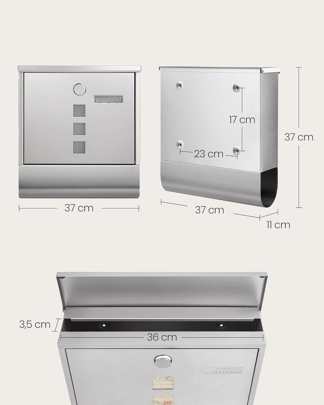 SONGMICS XXL Briefkasten, Edelstahl mit Zeitungsfach, Schloss mit Kupfer-Schliesszylinder und drehba