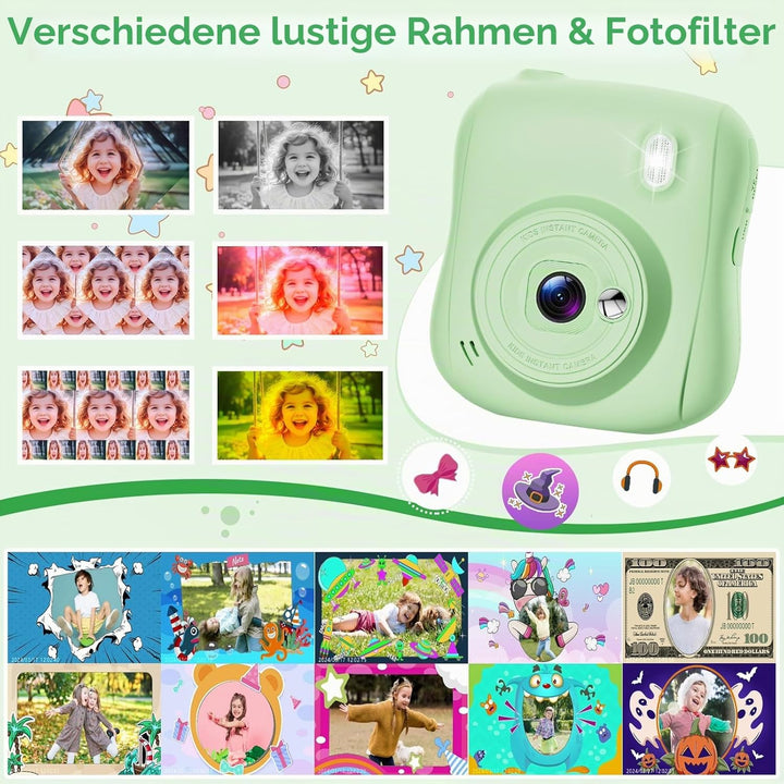 Hangrui Kinderkamera Sofortbildkamera, 14MP Sofortbildkamera Kinder mit 32G Karte & Druckpapier, 108