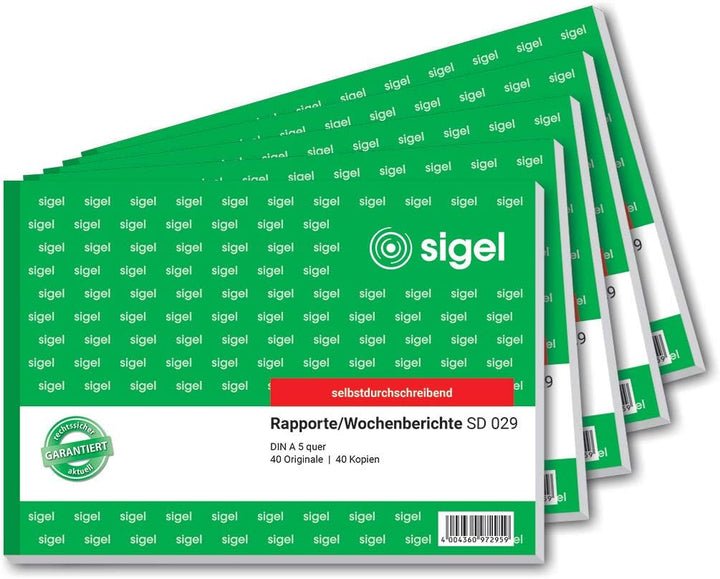 SIGEL SD029/5 Rapport / Wochenbericht A5 quer, 2x40 Blatt, selbstdurchschreibend, 5er Pack selbstdur