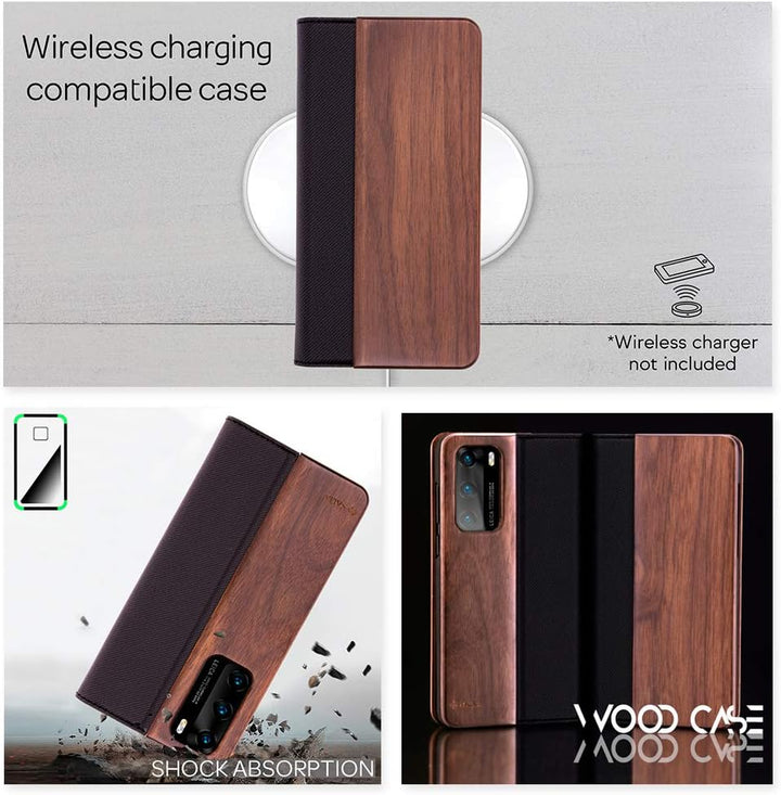 NALIA Echt-Holz Flipcase kompatibel mit Huawei P40 Hülle, Premium Wood Etui Handyhülle mit Klappe, H
