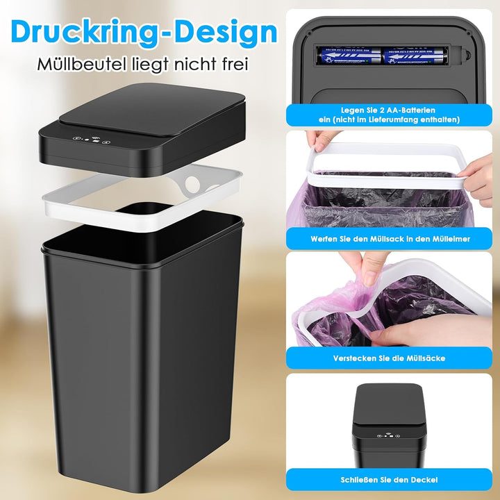 Dreamhigh 2er Set Mülleimer Mit Sensor, 15L &amp; 12L Elektrischer Mülleimer Mit Automatischem Deckel, S