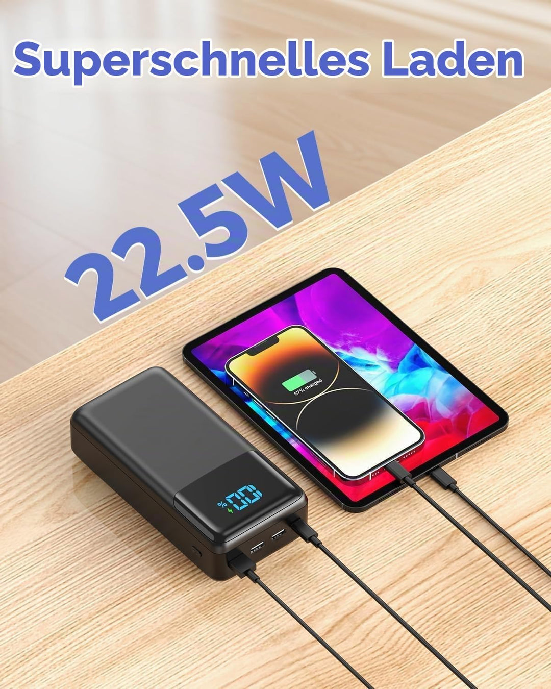 Powerbank 60000mAh Grosse Kapazität, Externer Akku 22,5W Schnellladung Power Bank USB C 4 Ausgängen