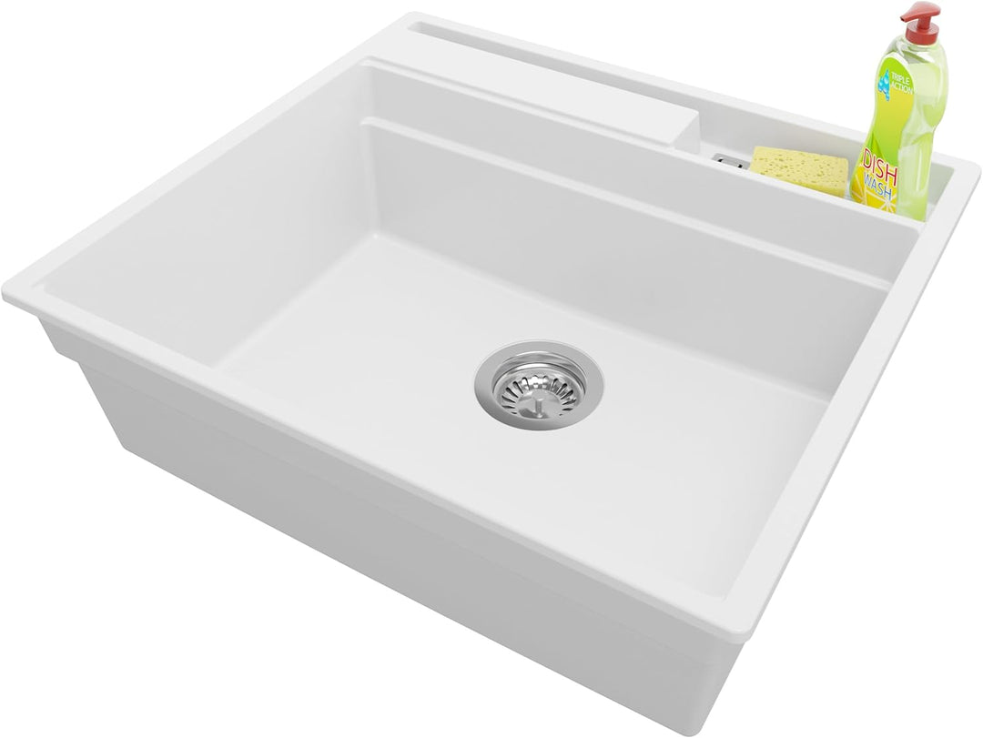 PRIMAGRAN Spülbecken Weiss 58x53cm, Granitspüle 1 Becken + Ablauf-Set, Küchenspüle ab 60er Unterschr