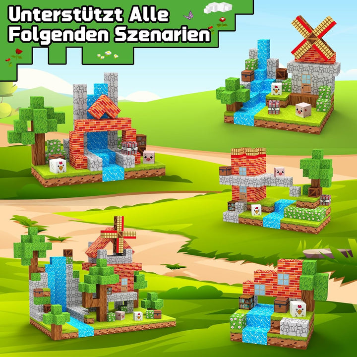Magnetische Bausteine Blöcke 150 Stück 2 cm, Magnetic Building Blocks mit Windmühle Tiere, Magnet Ba