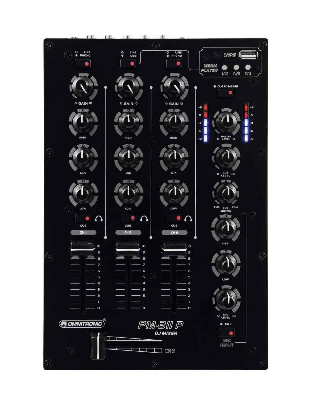 Omnitronic PM-311 P 3-Kanal-DJ-Mixer mit integriertem MP3-Player | DJ-Mikrofoneingang mit Talkover-S