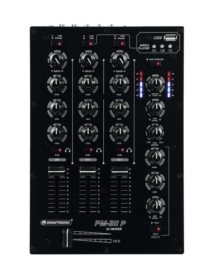 Omnitronic PM-311 P 3-Kanal-DJ-Mixer mit integriertem MP3-Player | DJ-Mikrofoneingang mit Talkover-S