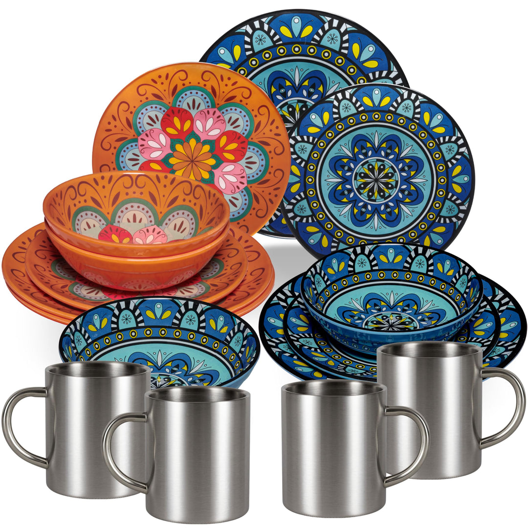 Melamin Geschirr Set Toskana Pastel Orange-Blau mit Wohnwagen Camping 4 Personen - Edelstahltassen G