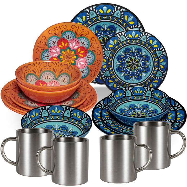 Melamin Geschirr Set Toskana Pastel Orange-Blau mit Wohnwagen Camping 4 Personen - Edelstahltassen G