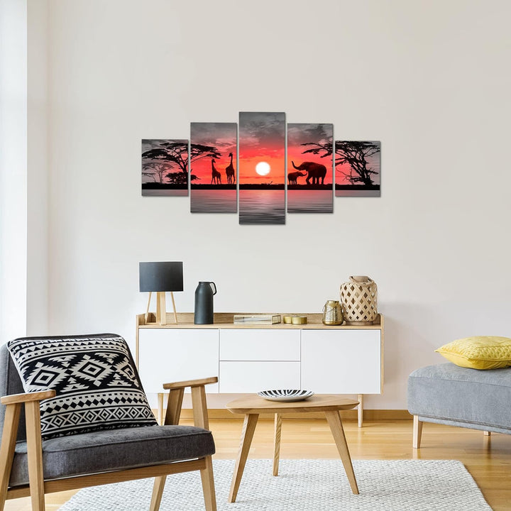 Runa Art Wandbilder Afrika Sonnenuntergang 5 Teilig Bild auf Vlies Leinwand Deko Wohnzimmer Schlafzi