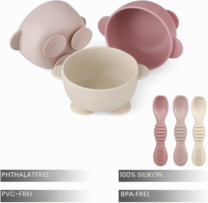 PandaEar 3 Pack Babysaugschalen &3 Babylöffel| Leckdichte Aufenthalts Silicon Food Bowl für Babys Ki