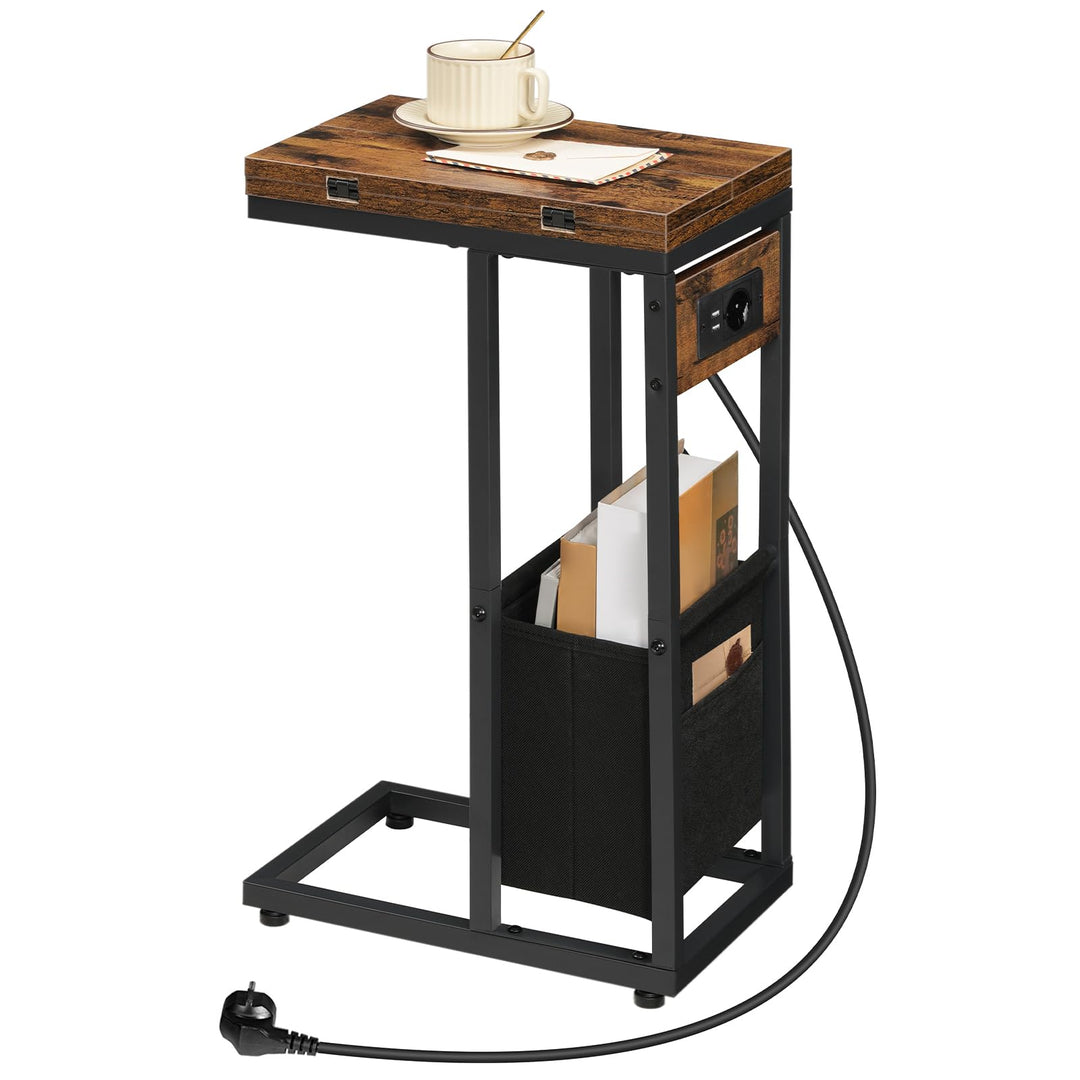 HOOBRO Beistelltisch mit Ladestation, C-Form, Klappbarer Couchtisch mit Stofftasche, Nachttisch mit