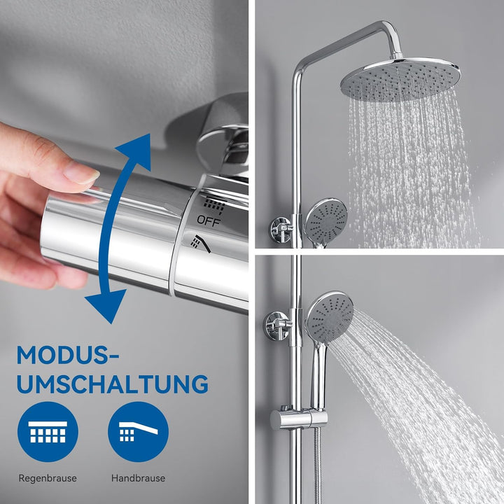 Duschsystem mit Thermostat, Auralum Regendusche mit Armatur aus Edelstahl Höhenverstellbar 92-122cm,