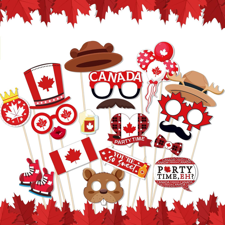 25 Stück Kanada-Fotoautomaten-Requisiten mit Stab, Kanada-Flagge, Foto-Requisiten, Kanada-Nationalfe