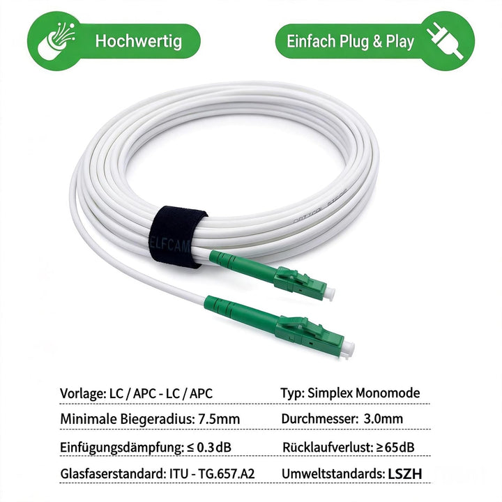 Elfcam® - 70m LWL Glasfaser-Kabel LC/APC auf LC/APC Stecker, Simplex 9/125μm Patchkabel, Lichtwellen