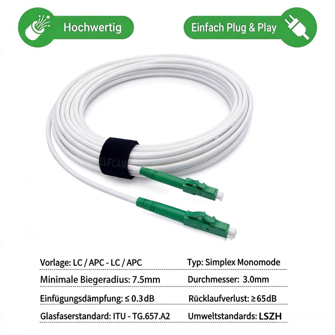 Elfcam® - 40m LWL Glasfaser-Kabel LC/APC auf LC/APC Stecker, Simplex 9/125μm Patchkabel, Lichtwellen