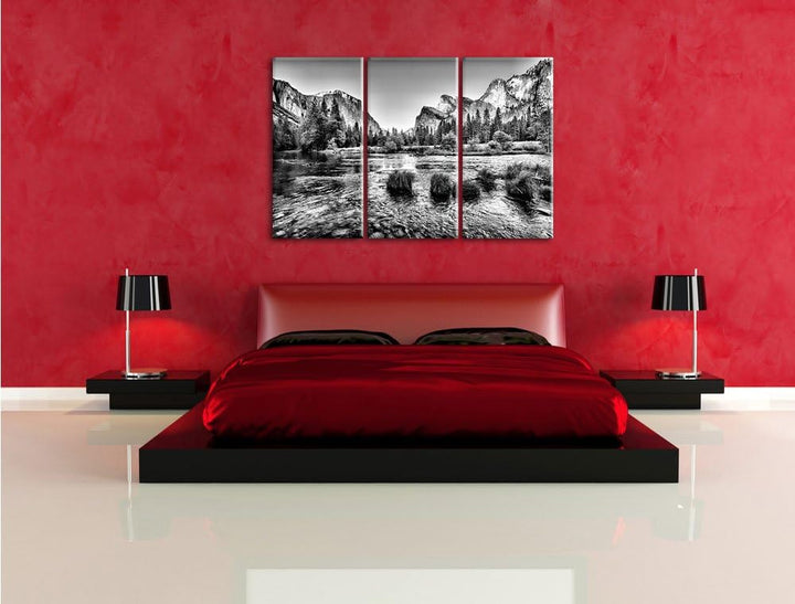 Pixxprint Monocrome, Fluss vor Berglandschaft 3-Teiler Leinwandbild 120x80 Bild auf Leinwand