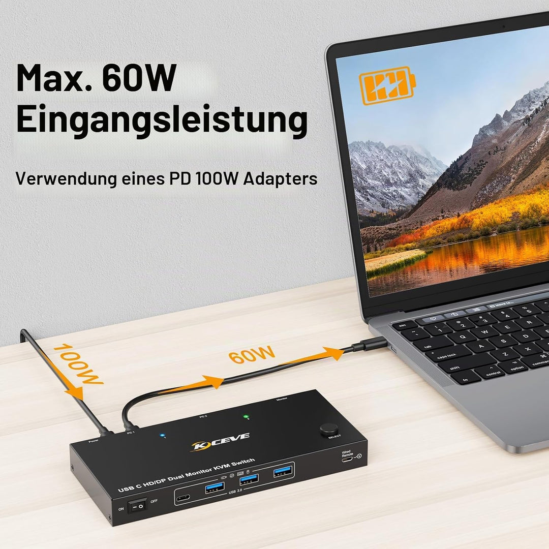 KVM Switch Laptop PC 2 Monitore, KVM Switch 2 PC 2 Monitore USB C DP HDMI Teilen 4 USB 3.0 Ports, 4K